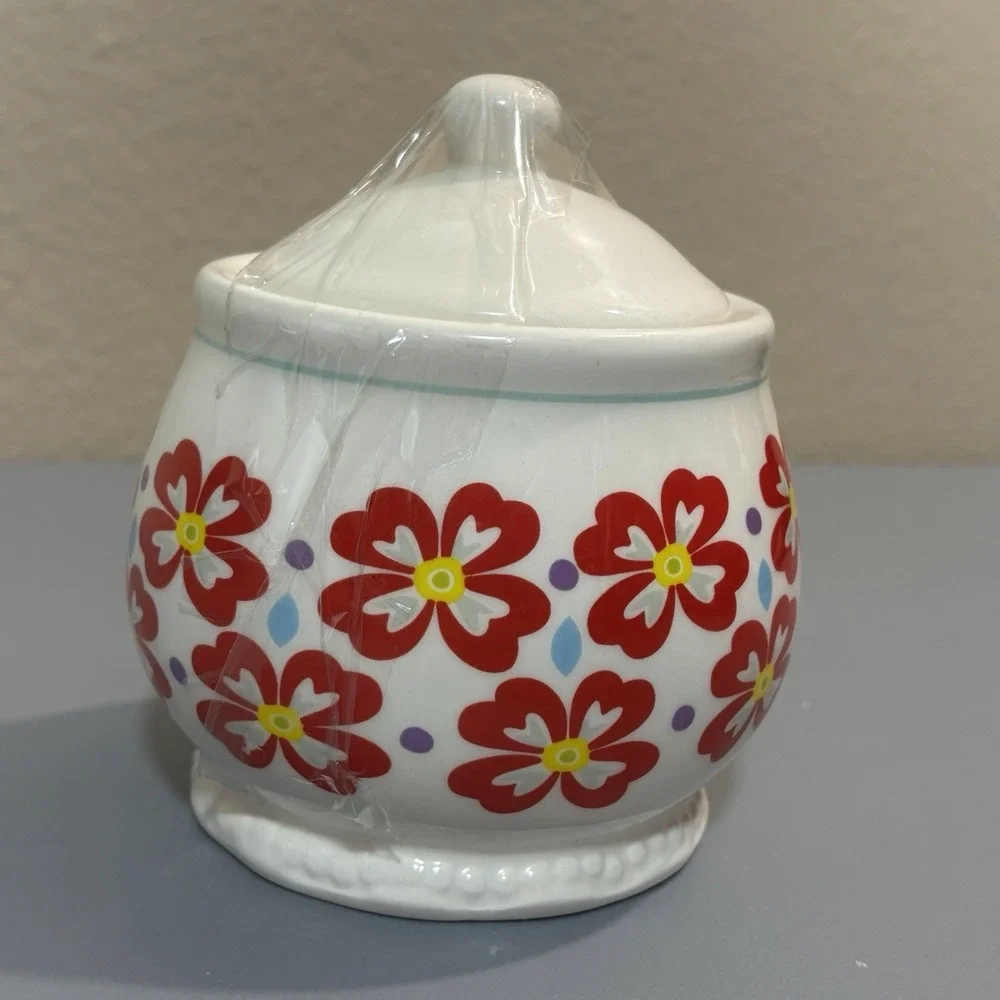 Pioneer Woman Sugar Dish with Lid White & Red Yellow Floral Pattern Kitchen Gift